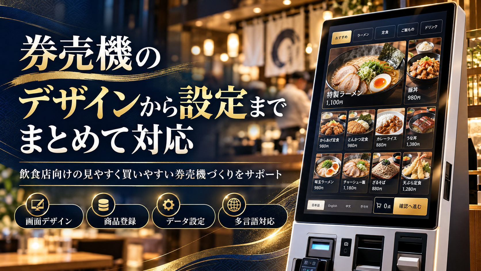 券売機のデザインから設定までまとめて対応。画面デザイン・商品登録・データ設定・多言語対応